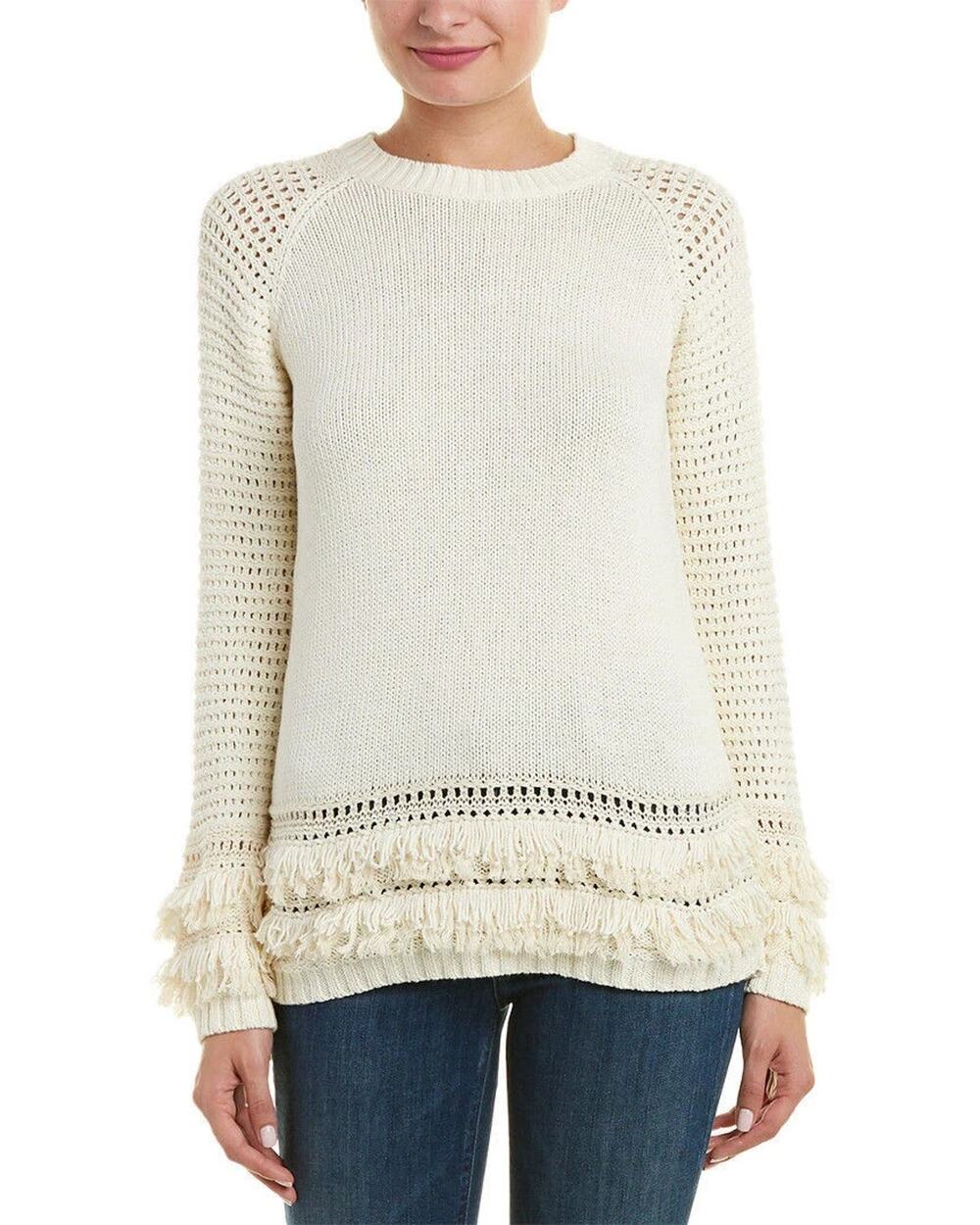 Y2K Chaser Womens Pullover Sweater Size XL Fringe Chunky Knit Ivory Boho Hippie